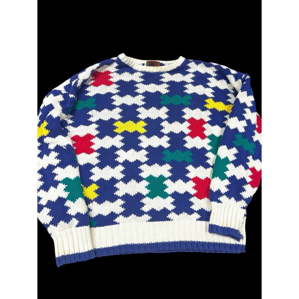 Vintage 90s Boston Traders Cotton Linen Crewneck Sweater Geometric Colorful XL‎